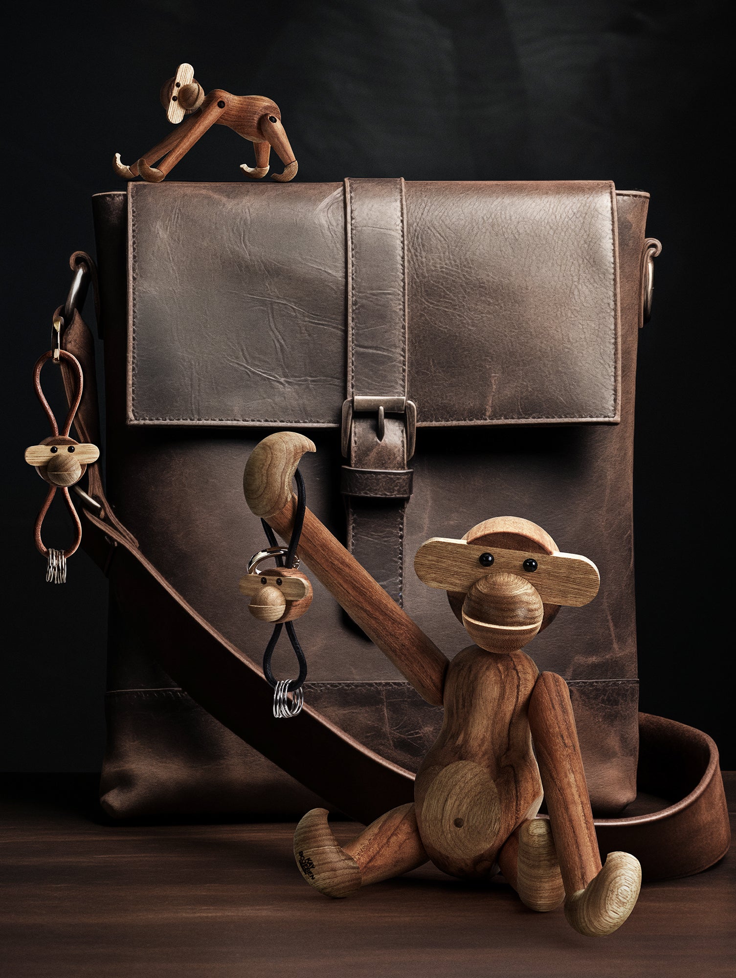 Monkey Silver Metal Keychain with Black Leather by Kay Bojesen