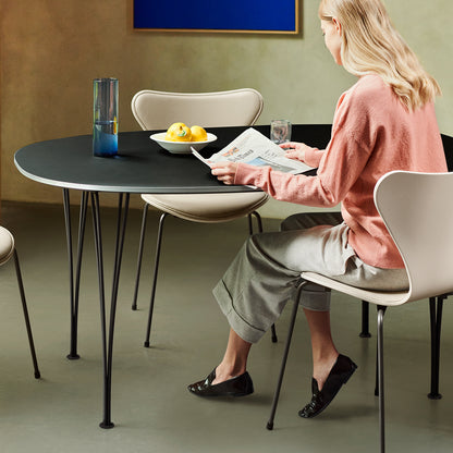 Series 7™ 3107 Dining Chair (Front Upholstered) by Fritz Hansen - Warm Graphite Steel /  Front: Essential Light Grey Leather / Back: Light Beige Lacquered Veneer