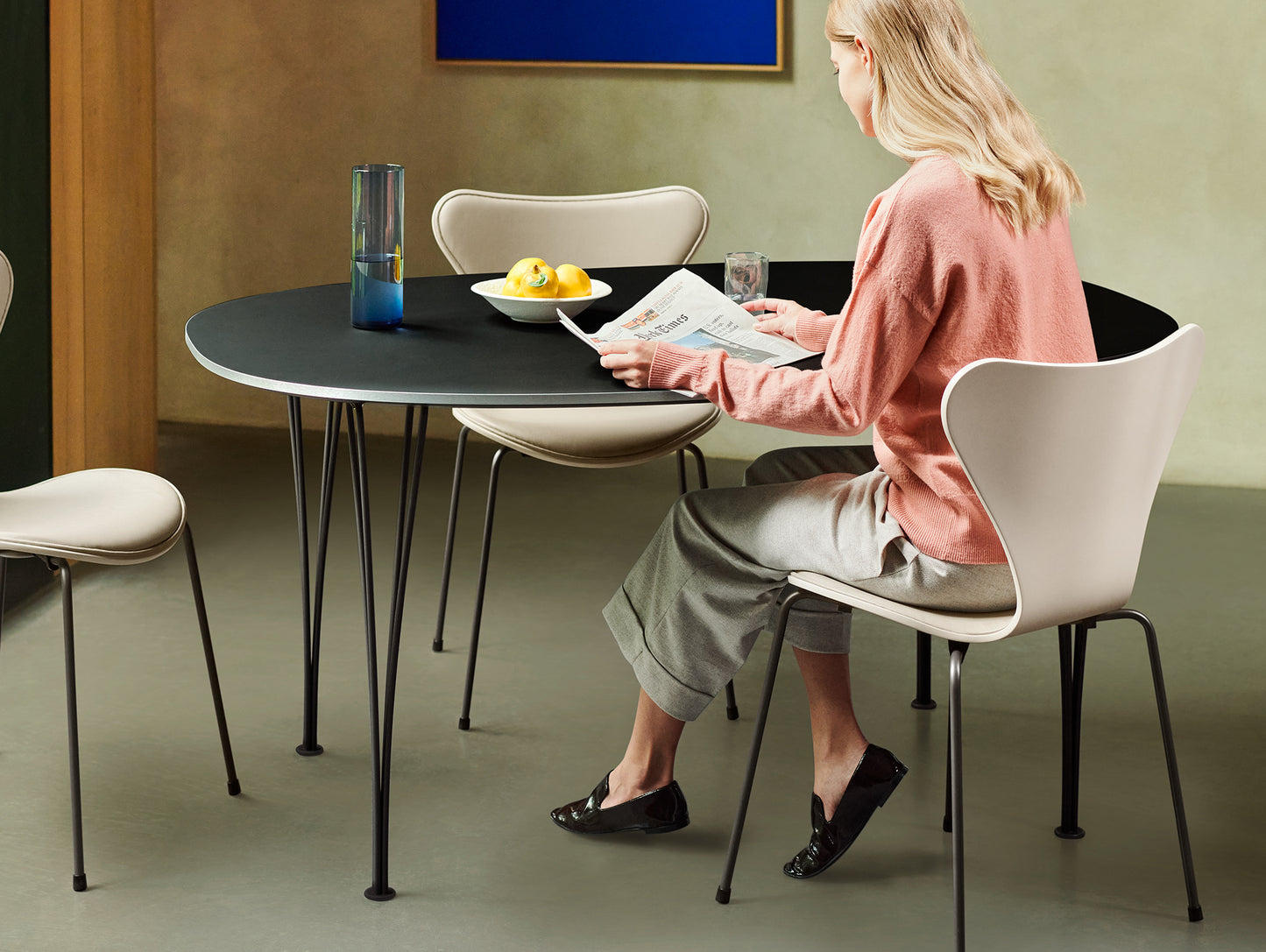 Series 7™ 3107 Dining Chair (Front Upholstered) by Fritz Hansen - Warm Graphite Steel /  Front: Essential Light Grey Leather / Back: Light Beige Lacquered Veneer