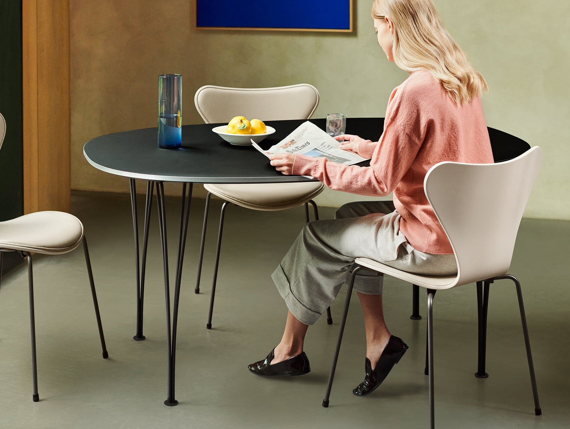 Series 7™ 3107 Dining Chair (Front Upholstered) by Fritz Hansen - Warm Graphite Steel /  Front: Essential Light Grey Leather / Back: Light Beige Lacquered Veneer
