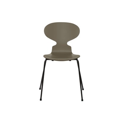 Ant Chair 4 Legs by Fritz Hansen - Lacquered Veneer Shell / Black Steel Base / Lacquered Olive Green
