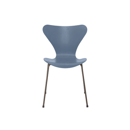 Series 7™ 3107 Dining Chair by Fritz Hansen - Dusk Blue Coloured Ash Veneer Shell / Brown Bronze Steel