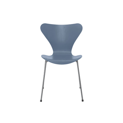 Series 7™ 3107 Dining Chair by Fritz Hansen - Dusk Blue Coloured Ash Veneer Shell / Silver Grey Steel