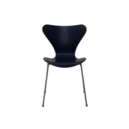 Series 7™ 3107 Dining Chair by Fritz Hansen - Midnight Blue Coloured Ash Veneer Shell / Brown Bronze Steel