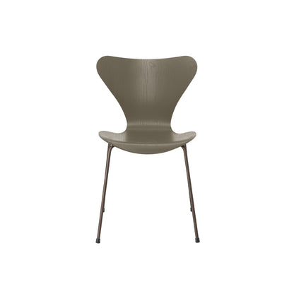Series 7™ 3107 Dining Chair by Fritz Hansen - Olive Green Coloured Ash Veneer Shell / Brown Bronze Steel