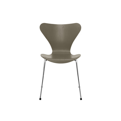 Series 7™ 3107 Dining Chair by Fritz Hansen - Olive Green Coloured Ash Veneer Shell / Chromed Steel