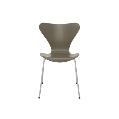 Series 7™ 3107 Dining Chair by Fritz Hansen - Olive Green Coloured Ash Veneer Shell / Nine Grey Steel