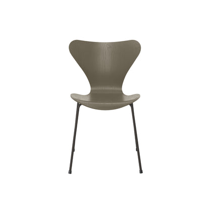 Series 7™ 3107 Dining Chair by Fritz Hansen - Olive Green Coloured Ash Veneer Shell / Warm Graphite Steel