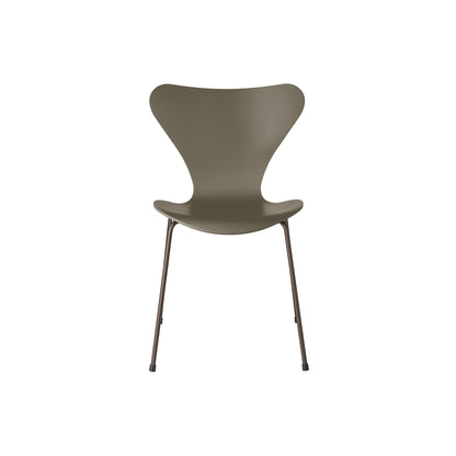 Series 7™ 3107 Dining Chair by Fritz Hansen - Olive Green Lacquered Veneer Shell / Brown Bronze Steel