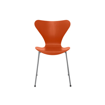 Series 7™ 3107 Dining Chair by Fritz Hansen - Paradise Orange Coloured Ash Veneer Shell / Silver Grey Steel