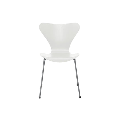 Series 7™ 3107 Dining Chair by Fritz Hansen - White Coloured Ash Veneer Shell / Silver Grey Steel