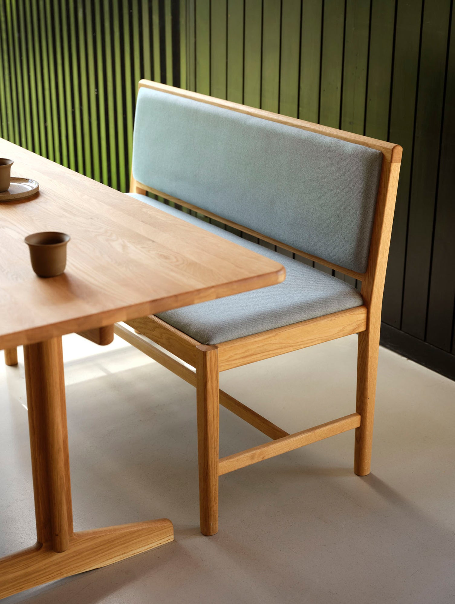 J176 Sonderborg Bench by FDB Mobler - Lacquered Oak / Ploegwool Blue 04