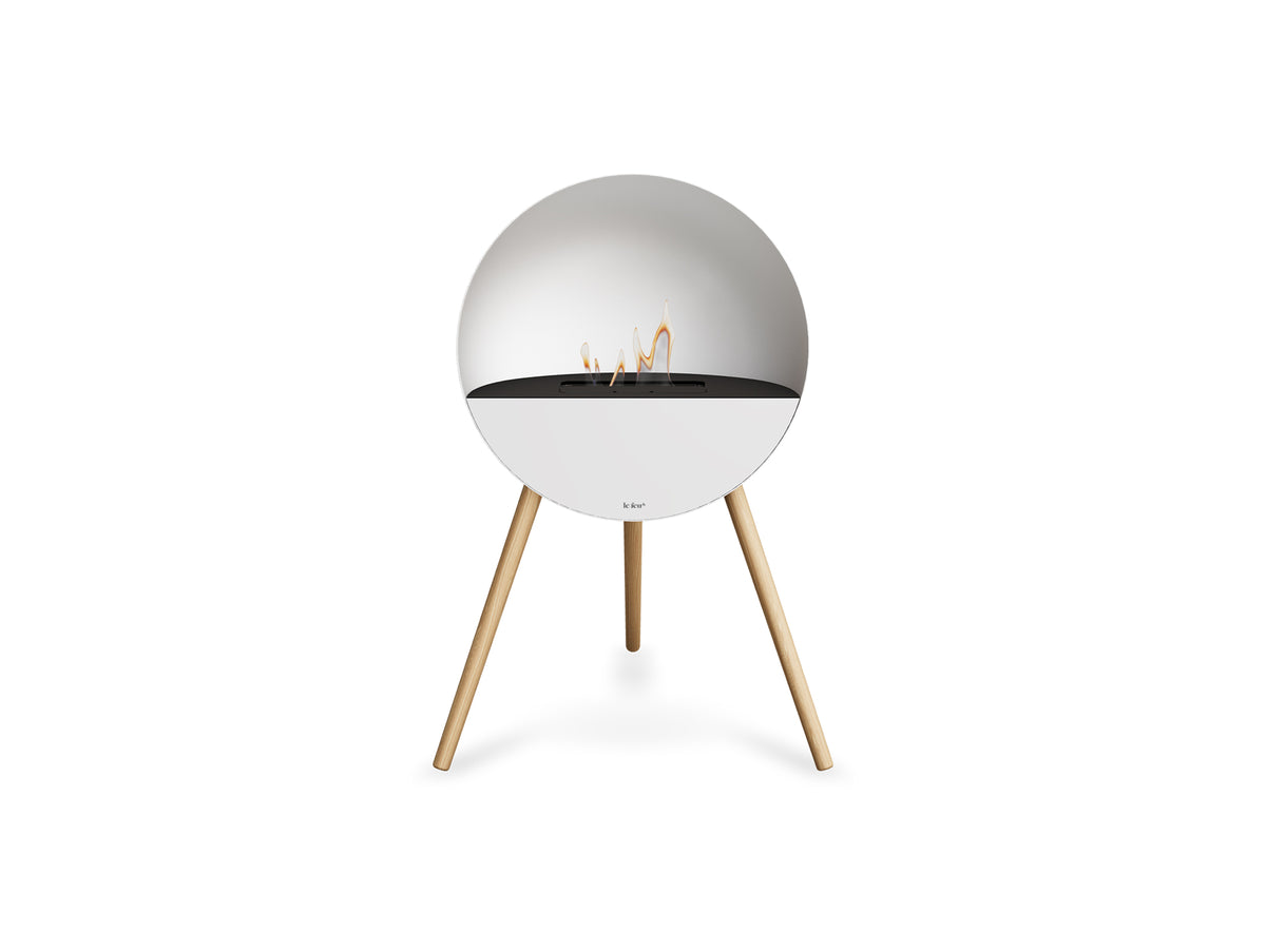 Le Feu Eye Fireplace with White Body, Black Top, White Front and Soaped Oak Base