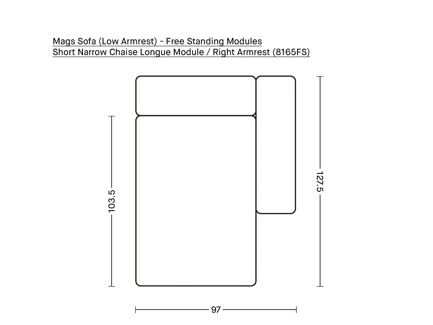 Mags Sofa (Low Armrest) - Free Standing Modules by HAY / Short Narrow Chaise Longue Module / Right Armrest (8165FS)