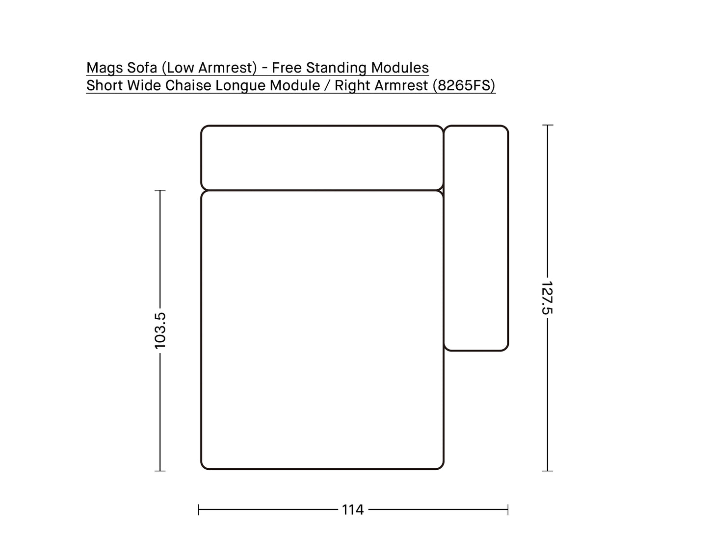 Mags Sofa (Low Armrest) - Free Standing Modules by HAY / Short Wide Chaise Longue Module / Right Armrest (8265FS)