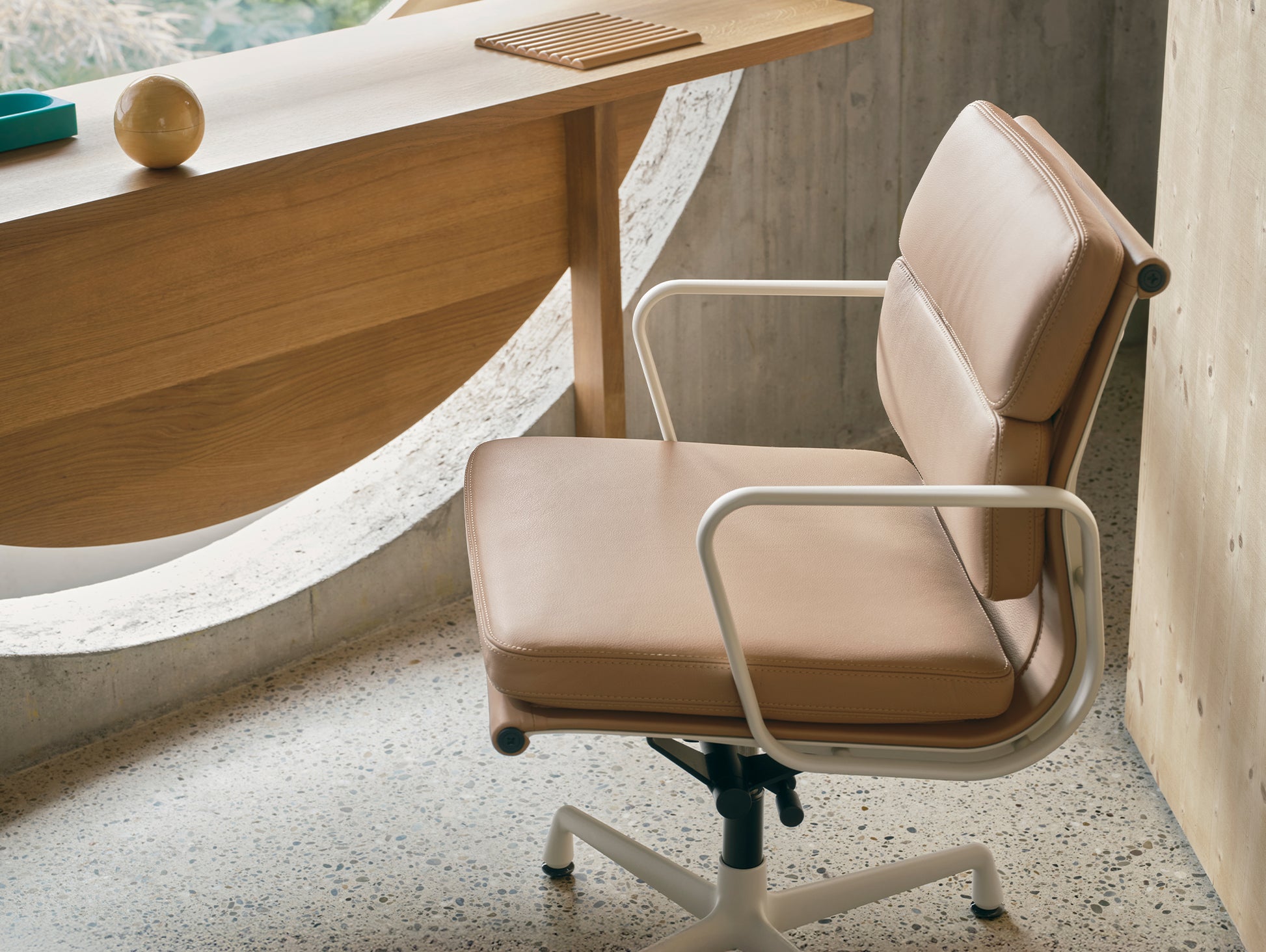 Soft Pad Office Chair EA 231 by Vitra - Chalk Powder-Coated Aluminium / Seat: Ochre Premium F Leather / Back: Plano Coffee (L50)