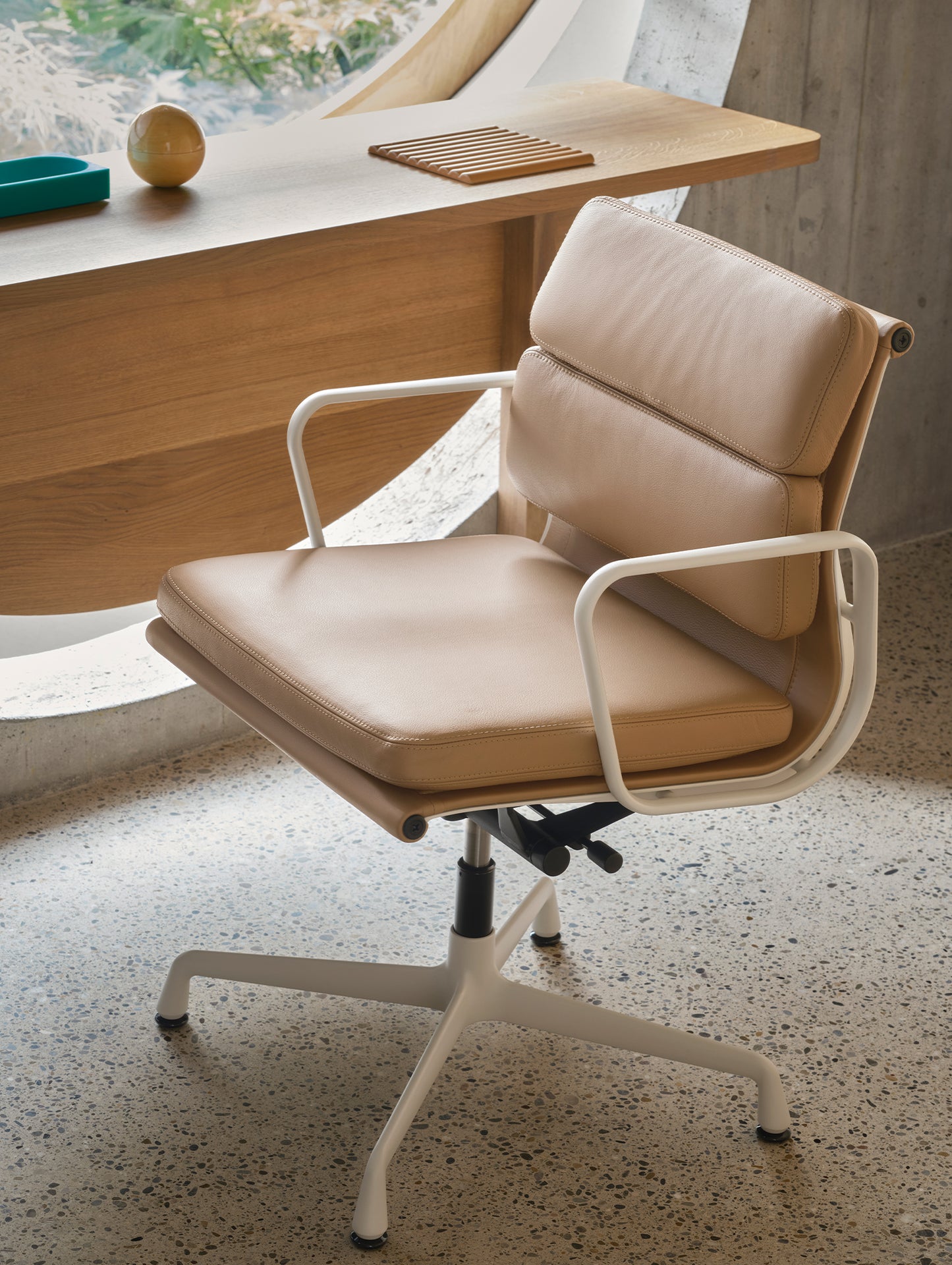 Soft Pad Office Chair EA 231 by Vitra - Chalk Powder-Coated Aluminium / Seat: Ochre Premium F Leather / Back: Plano Coffee (L50)