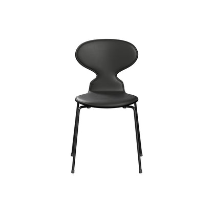 Ant Chair Front Upholstered - 4 Legs by Fritz Hansen - Black Powder-Coated Steel / Black Lacquered Shell / Black Essential Leather