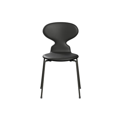 Ant Chair Front Upholstered - 4 Legs by Fritz Hansen - Brown Bronze Powder-Coated Steel / Black Lacquered Shell / Black Essential Leather