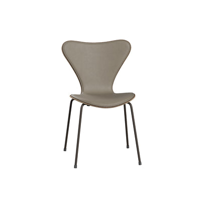 Series 7™ 3107 Dining Chair (Front Upholstered) by Fritz Hansen - Brown Bronze Steel / Front: Essential Light Grey Leather / Back: Clear Lacquered Walnut Veneer