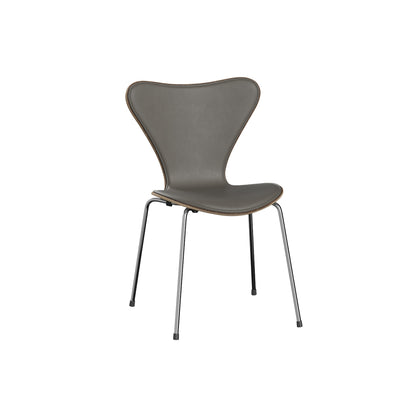 Series 7™ 3107 Dining Chair (Front Upholstered) by Fritz Hansen - Chromed Steel / Front: Essential Lava Leather / Back: Clear Lacquered Walnut Veneer