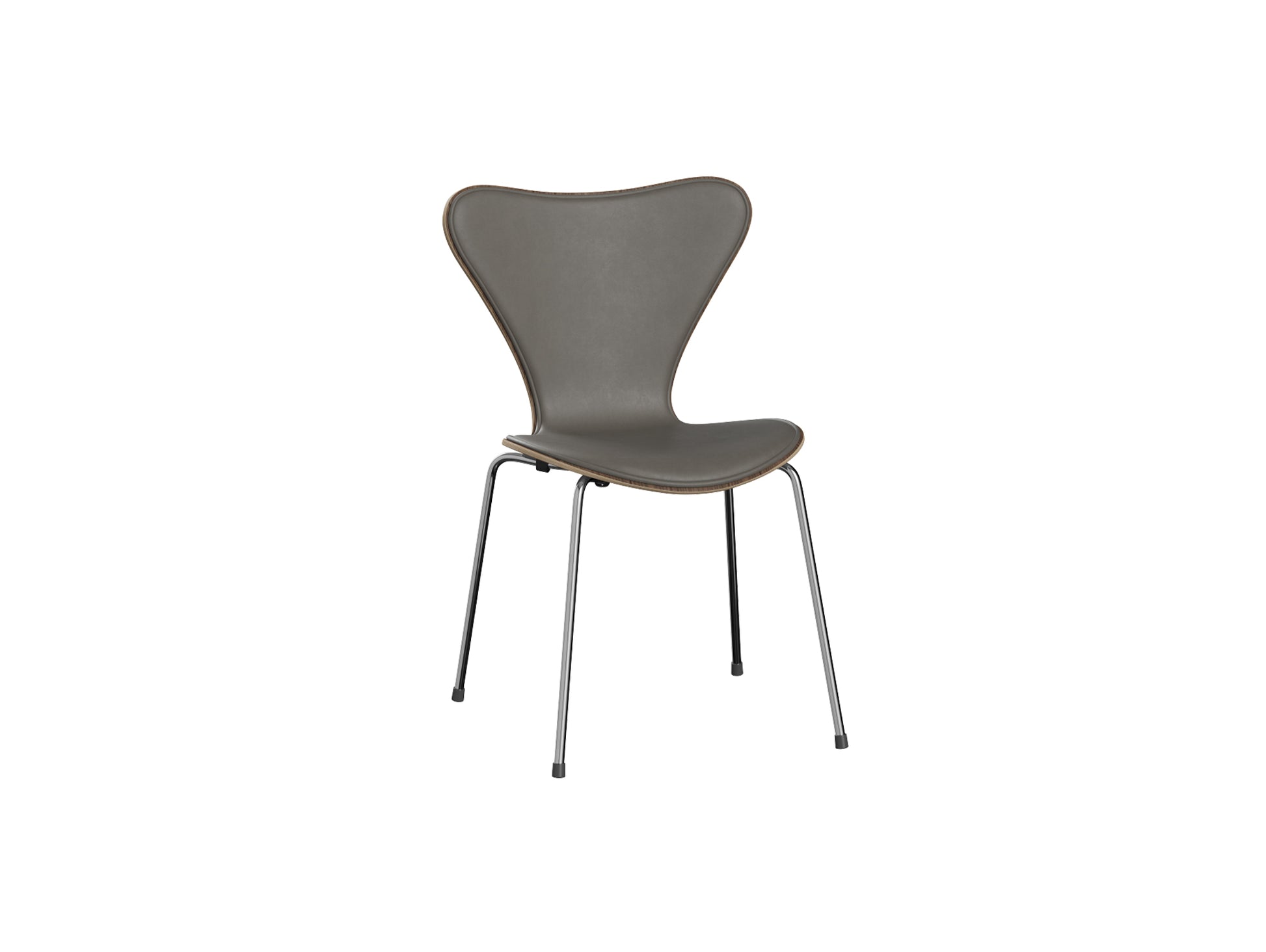 Series 7™ 3107 Dining Chair (Front Upholstered) by Fritz Hansen - Chromed Steel / Front: Essential Lava Leather / Back: Clear Lacquered Walnut Veneer