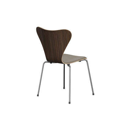 Series 7™ 3107 Dining Chair (Front Upholstered) by Fritz Hansen - Chromed Steel / Front: Essential Light Grey Leather / Back: Clear Lacquered Walnut Veneer