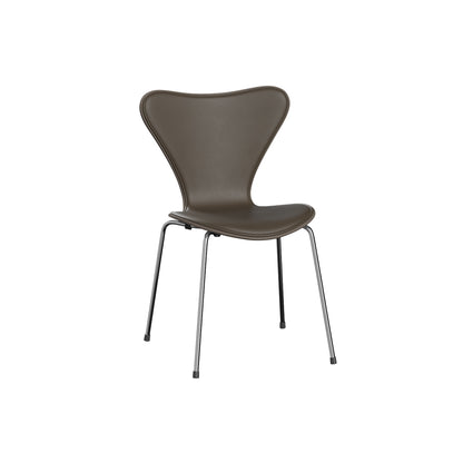 Series 7™ 3107 Dining Chair (Front Upholstered) by Fritz Hansen - Chromed Steel / Front: Essential Stone Leather / Back: Deep Clay Lacquered Veneer