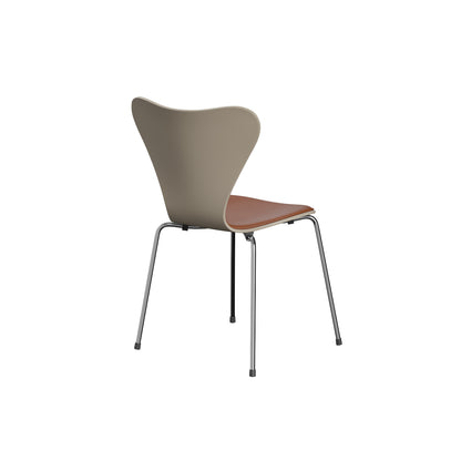 Series 7™ 3107 Dining Chair (Front Upholstered) by Fritz Hansen - Chromed Steel / Front: Essential Walnut Leather / Back: Light Beige Lacquered Veneer