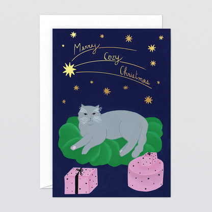 'Cozy Christmas Cat' Foiled Greetings Card by Wrap