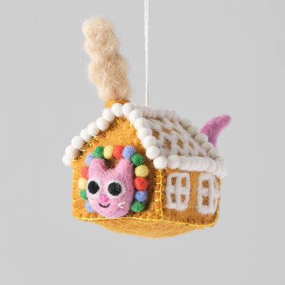 Gretel, Cat in Gingerbread House Felt Hanging Decoration