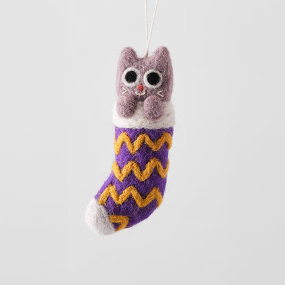 Cat Felted Hanging Decorations by Wrap Stationery - Viv, Cat In Purple Stocking