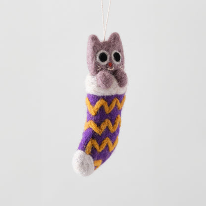 Cat Felted Hanging Decorations by Wrap Stationery - Viv, Cat In Purple Stocking