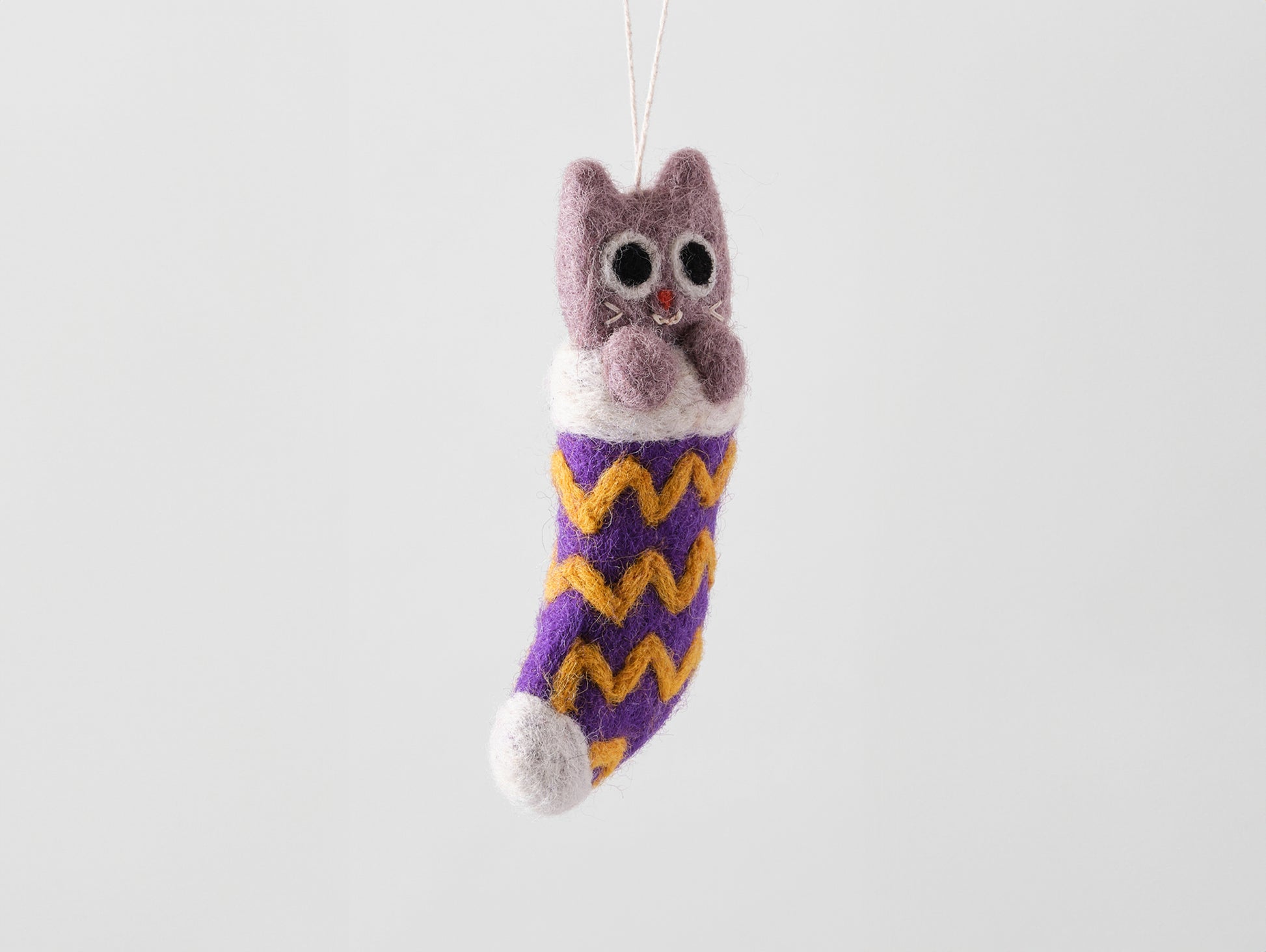 Cat Felted Hanging Decorations by Wrap Stationery - Viv, Cat In Purple Stocking