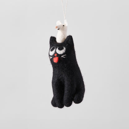 Cat Felted Hanging Decorations by Wrap Stationery - Clint, Cat With a Mouse on its Head