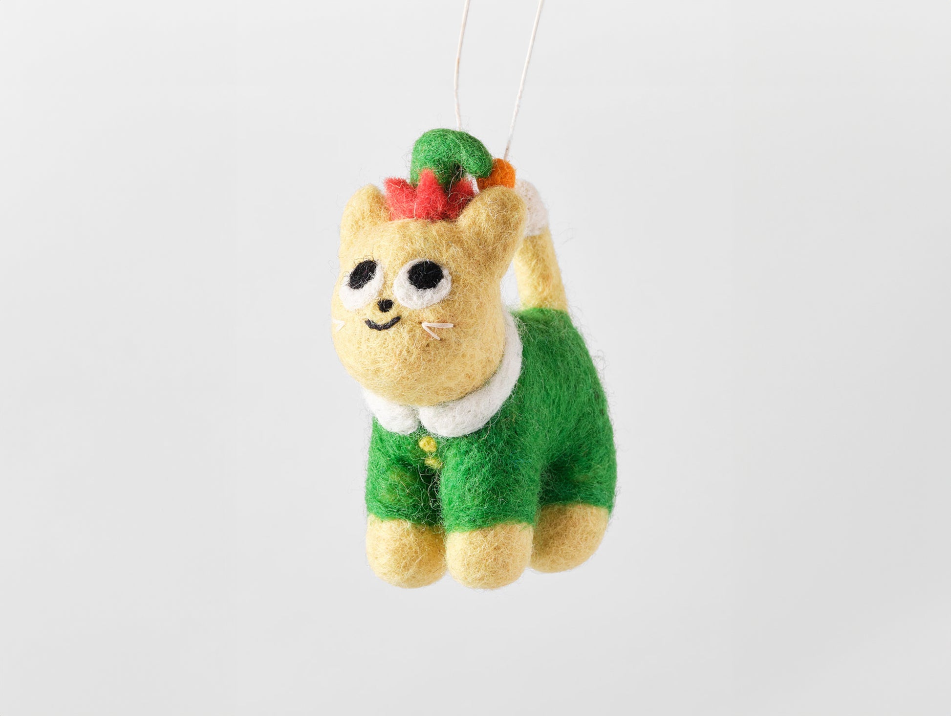 Cat Felted Hanging Decorations by Wrap Stationery - Buddy, Cat in Elf Outfit