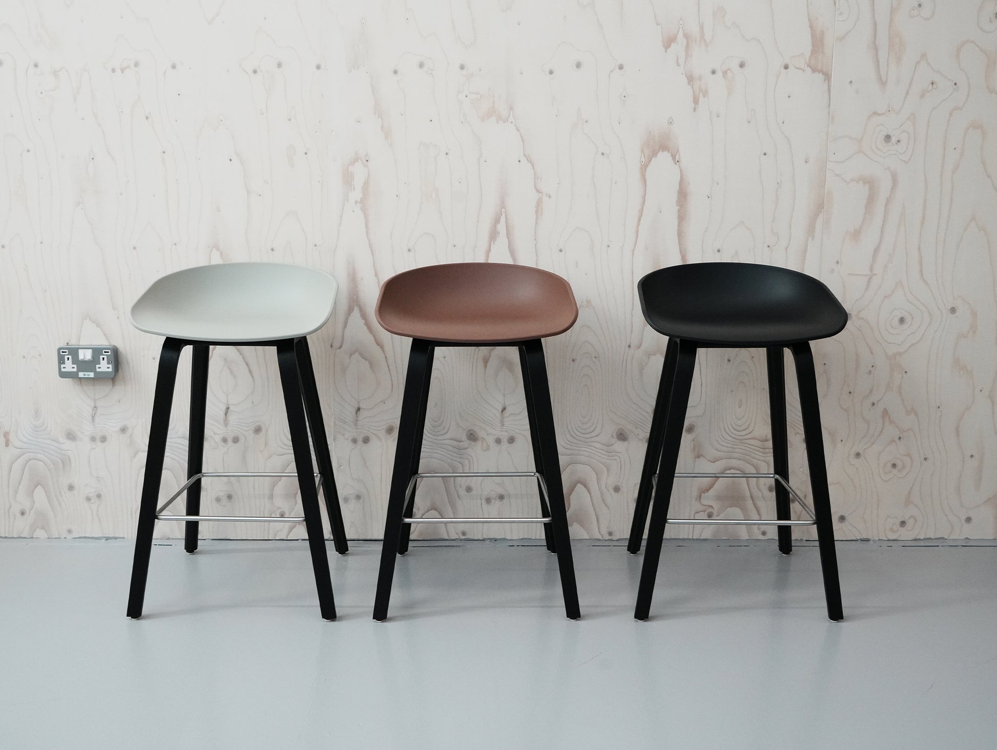HAY About A Stool AAS 32 / Set of 3 / 65 cm Seat Height / Black Oak Base / Brick, Black and Concrete Grey Seats / Open Box