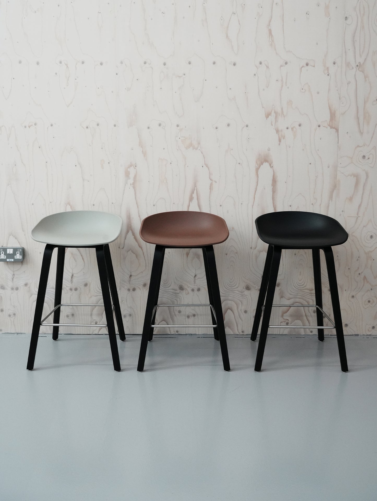 HAY About A Stool AAS 32 / Set of 3 / 65 cm Seat Height / Black Oak Base / Brick, Black and Concrete Grey Seats / Open Box