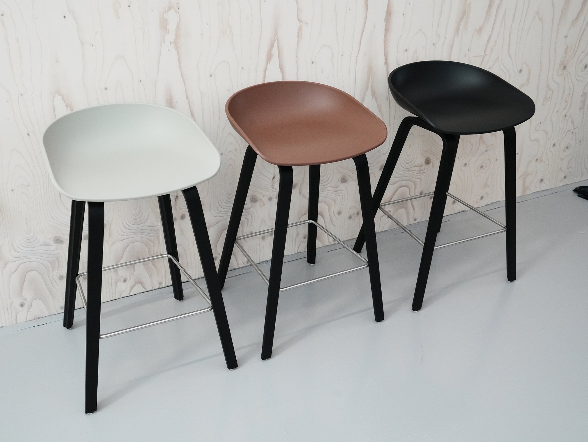 HAY About A Stool AAS 32 / Set of 3 / 65 cm Seat Height / Black Oak Base / Brick, Black and Concrete Grey Seats / Open Box