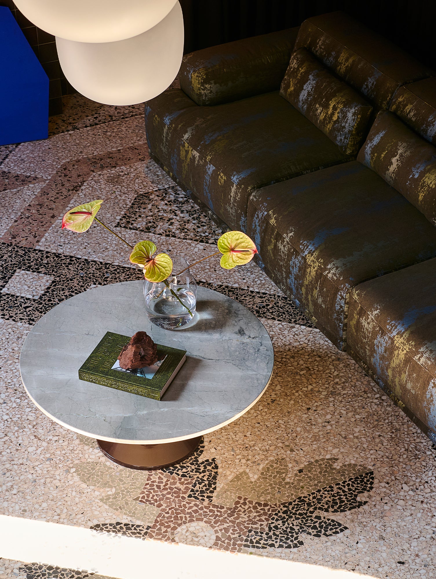 Midst Coffee Table by Muuto - Grey Marble Tabletop / Dark Red Steel Base
