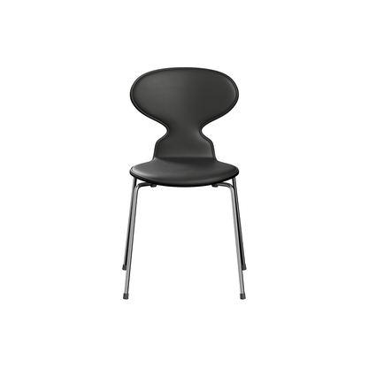 Ant Chair Front Upholstered - 4 Legs by Fritz Hansen - Chromed Steel / Black Lacquered Shell / Black Essential Leather