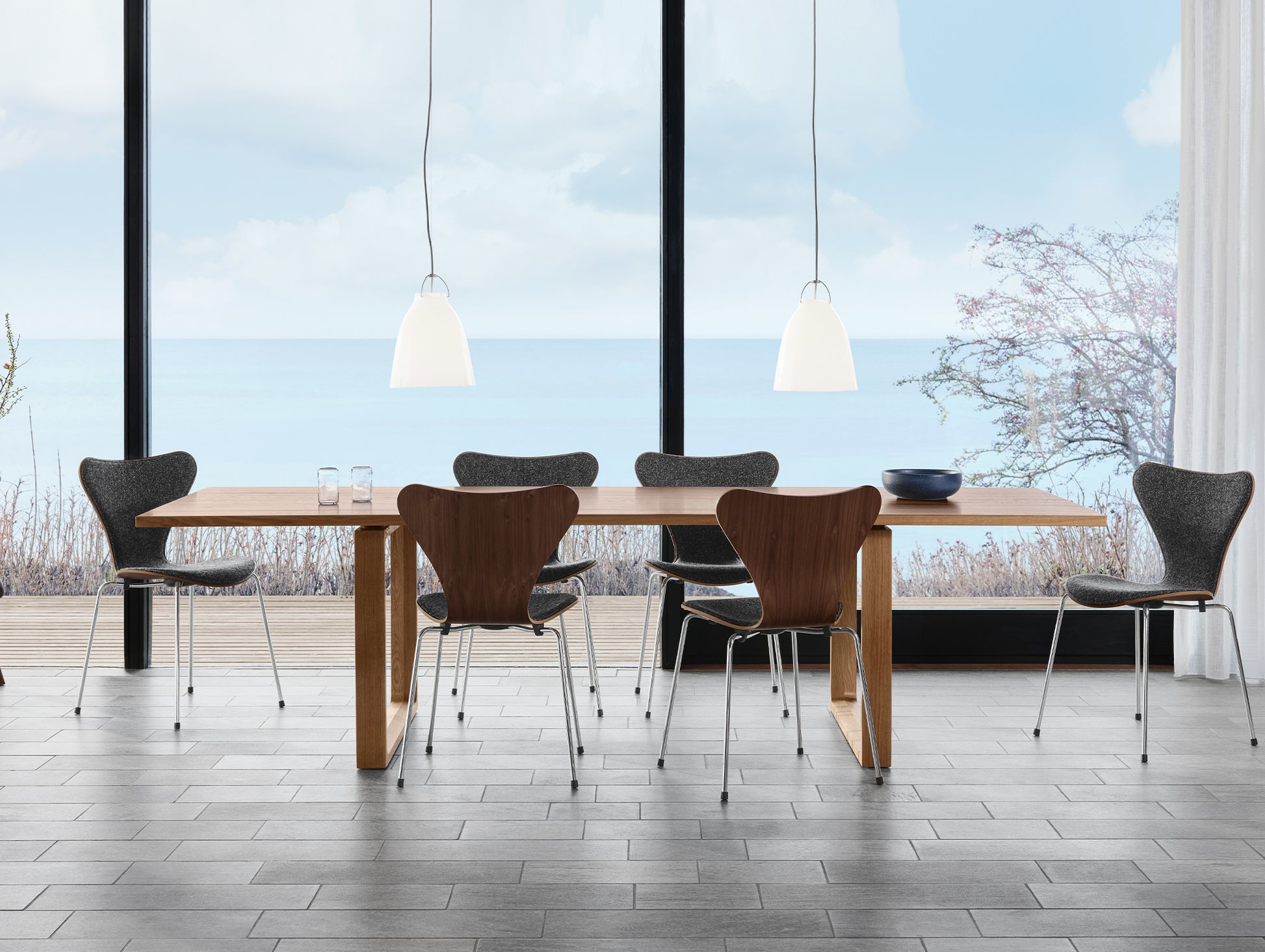 Series 7™ 3107 Dining Chair (Front Upholstered) by Fritz Hansen - Anniversary Edition / Front: Vanir Granite Brown / Back: Clear Lacquered Walnut Veneer