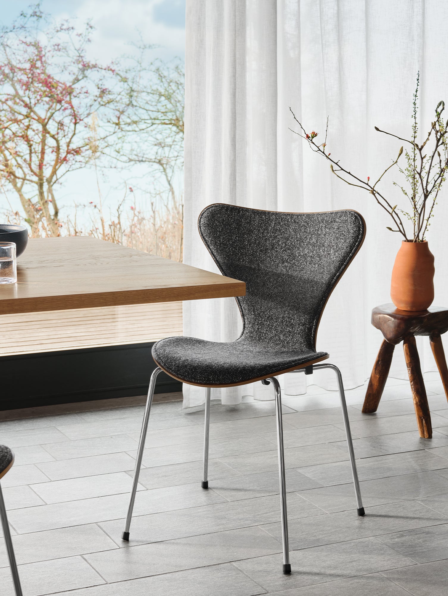 Series 7™ 3107 Dining Chair (Front Upholstered) by Fritz Hansen - Anniversary Edition / Front: Vanir Granite Brown / Back: Clear Lacquered Walnut Veneer