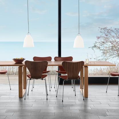 Series 7™ 3107 Dining Chair (Front Upholstered) by Fritz Hansen = Anniversary Edition / Front: Grace Chestnut Leather / Back: Clear Lacquered Walnut Veneer