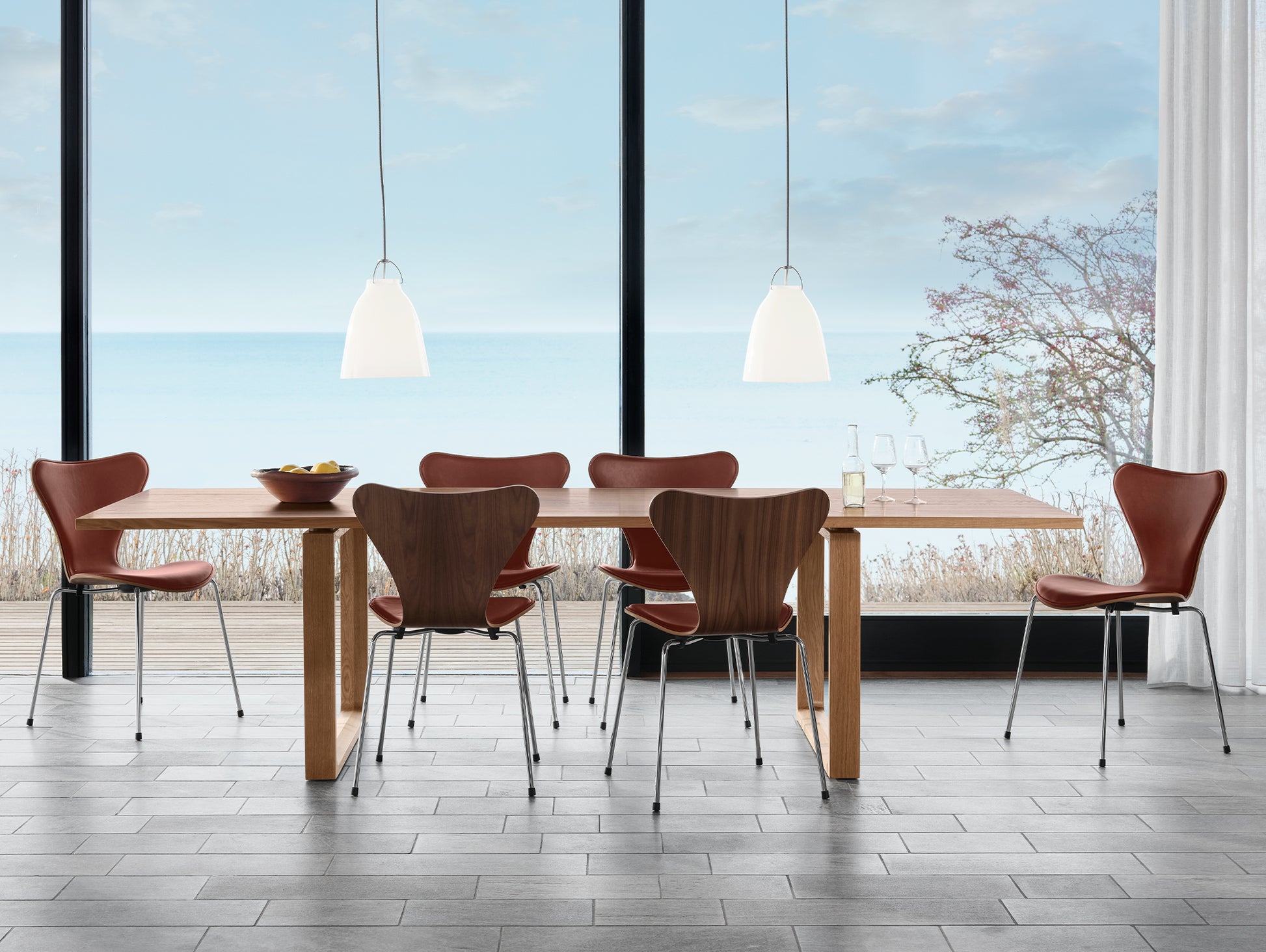 Series 7™ 3107 Dining Chair (Front Upholstered) by Fritz Hansen = Anniversary Edition / Front: Grace Chestnut Leather / Back: Clear Lacquered Walnut Veneer