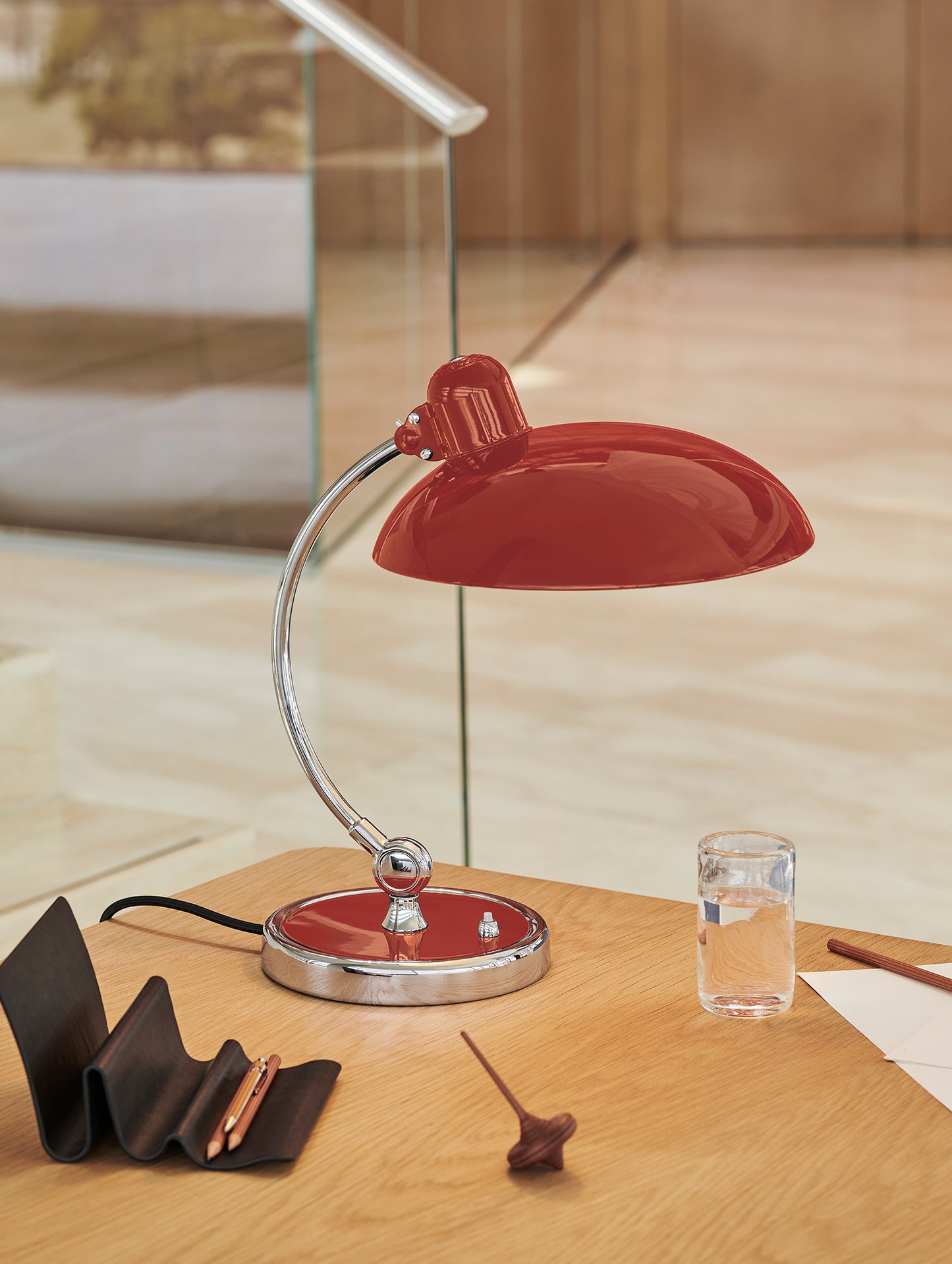 Kaiser Idell Luxus Table Lamp by Fritz Hansen - High Gloss Venetian Red Shade with Chrome Base