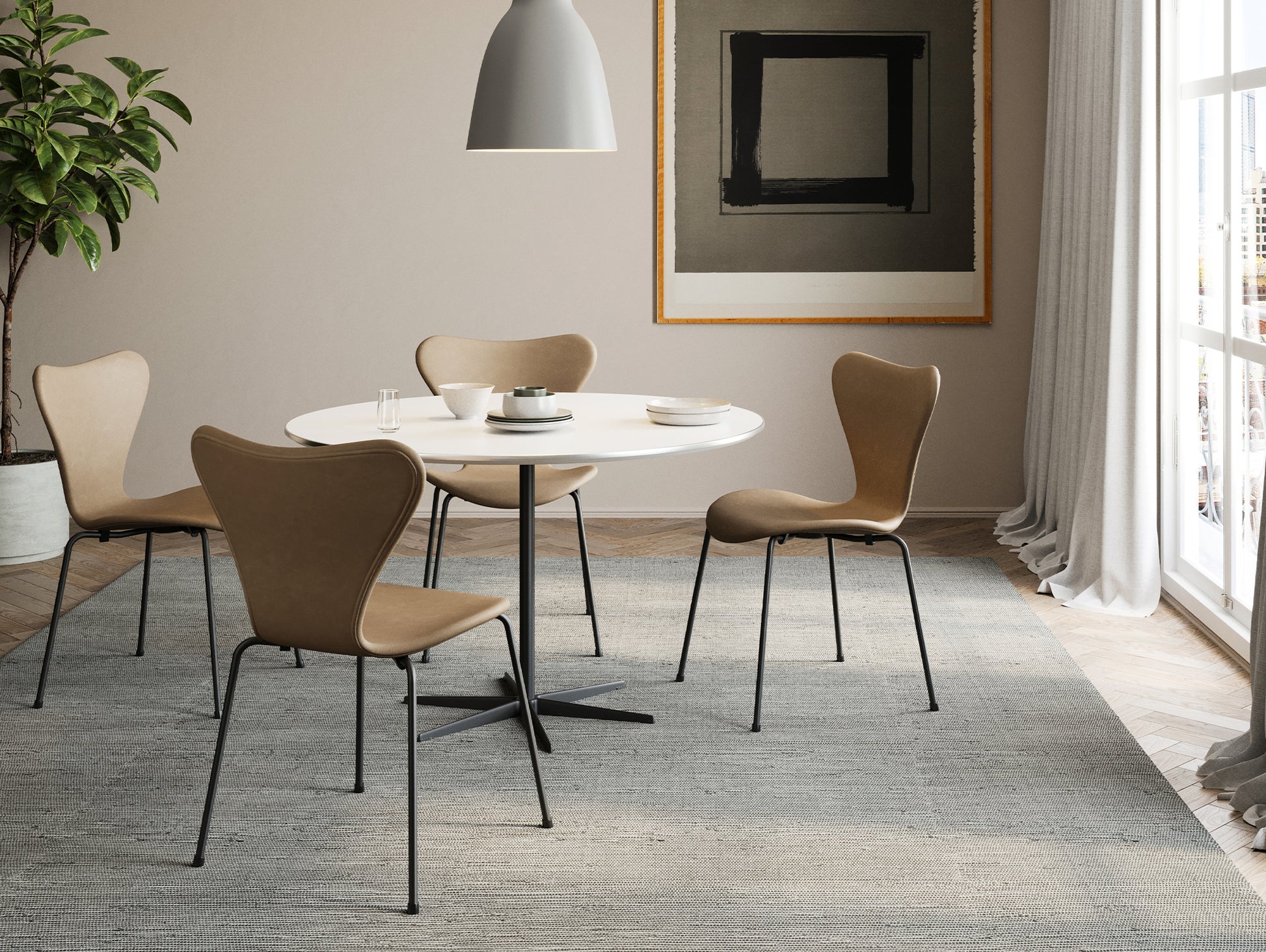 Series 7™ 3107 Dining Chair (Front Upholstered) by Fritz Hansen - Warm Graphite Steel / Front: Essential Light Grey Leather