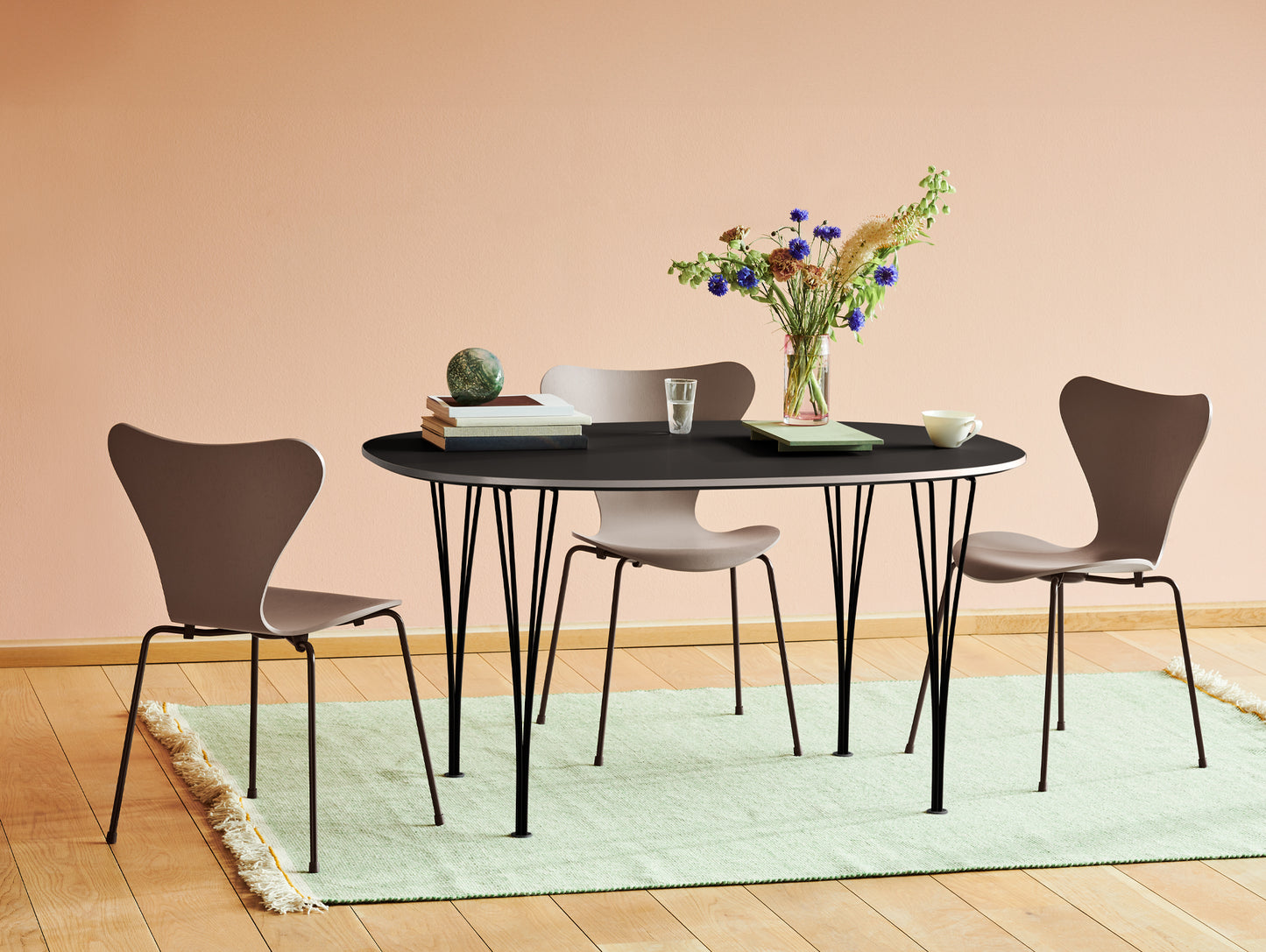 Series 7™ 3107 Dining Chair by Fritz Hansen - Deep Clay Coloured Ash Veneer Shell / Brown Bronze Steel