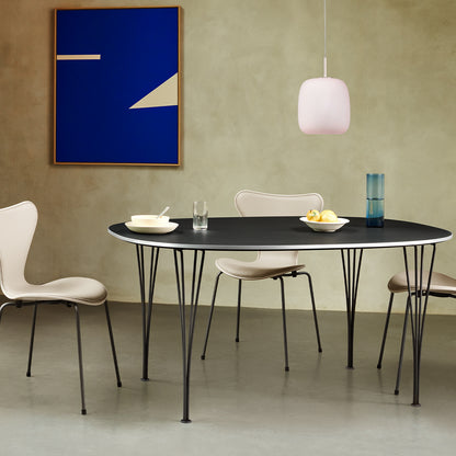 Series 7™ 3107 Dining Chair (Front Upholstered) by Fritz Hansen - Warm Graphite Steel / Front: Essential Light Grey Leather / Back: Light Beige Lacquered Veneer