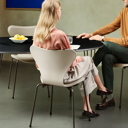 Series 7™ 3107 Dining Chair (Front Upholstered) by Fritz Hansen - Warm Graphite Steel / Front: Essential Light Grey Leather / Back: Light Beige Lacquered Veneer